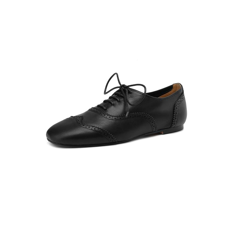 Fashion 2025 Women's New Spring Autumn Square Headed Genuine Leather Carved Lace Up Customized Large Low Heel Fashion Black Single Shoes