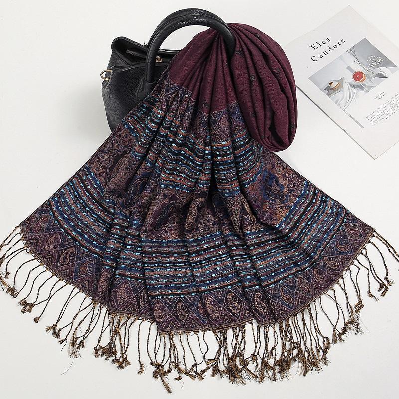 Hotsale Jacquard Printed Pashmina Shawl Women Cotton Muslim Hijab Tassel Headscarf Scarf Ethnic Style Tudung