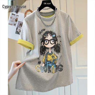 Women's 2026 Summer Color-Block Cartoon Sequin Round Neck T-Shirt