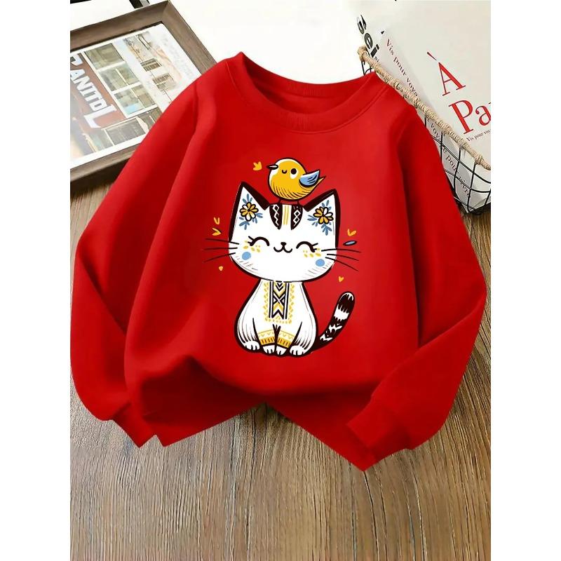 Girls' Crewneck Sweatshirt - Cute Cat with Bird And Flowers Machine Washable, Spring And Autumn, Sportswear And Casual Wear