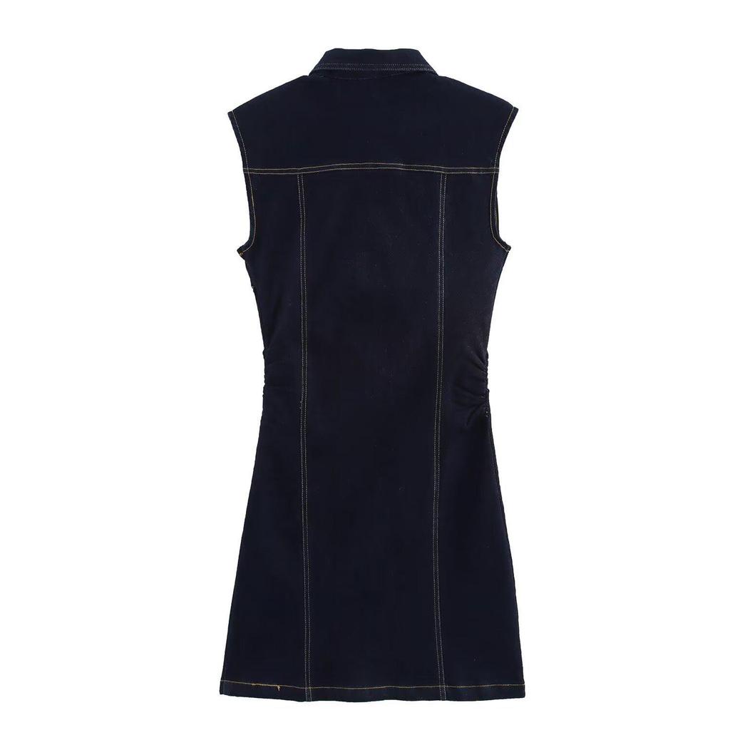 European & American Style Sleeveless Pleated Denim Mini Dress