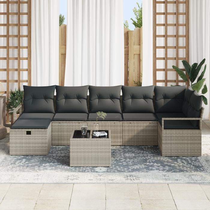 VidaXL Set de canapé de jardin en 8 pièces avec coussins gris clair en rattan synthétique | Mobilier de patio modulable 3359211