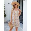 Summer Spring Printed Strapless Casual Loose Knee-Length Dress Sleeveless V-Neck Polyester Fiber Wide Waist Gown Dress