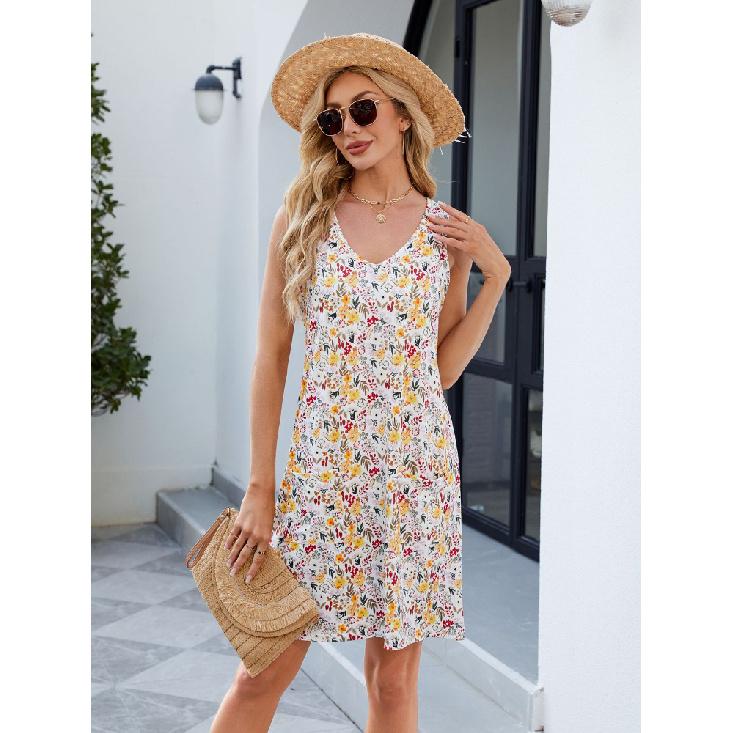 Letní Jarní Tištěné Bez ramínek Ležérní Volné Šaty ke kolenům Bez rukávů Výstřih do V Polyesterové vlákno Široký Pas Večerní šaty