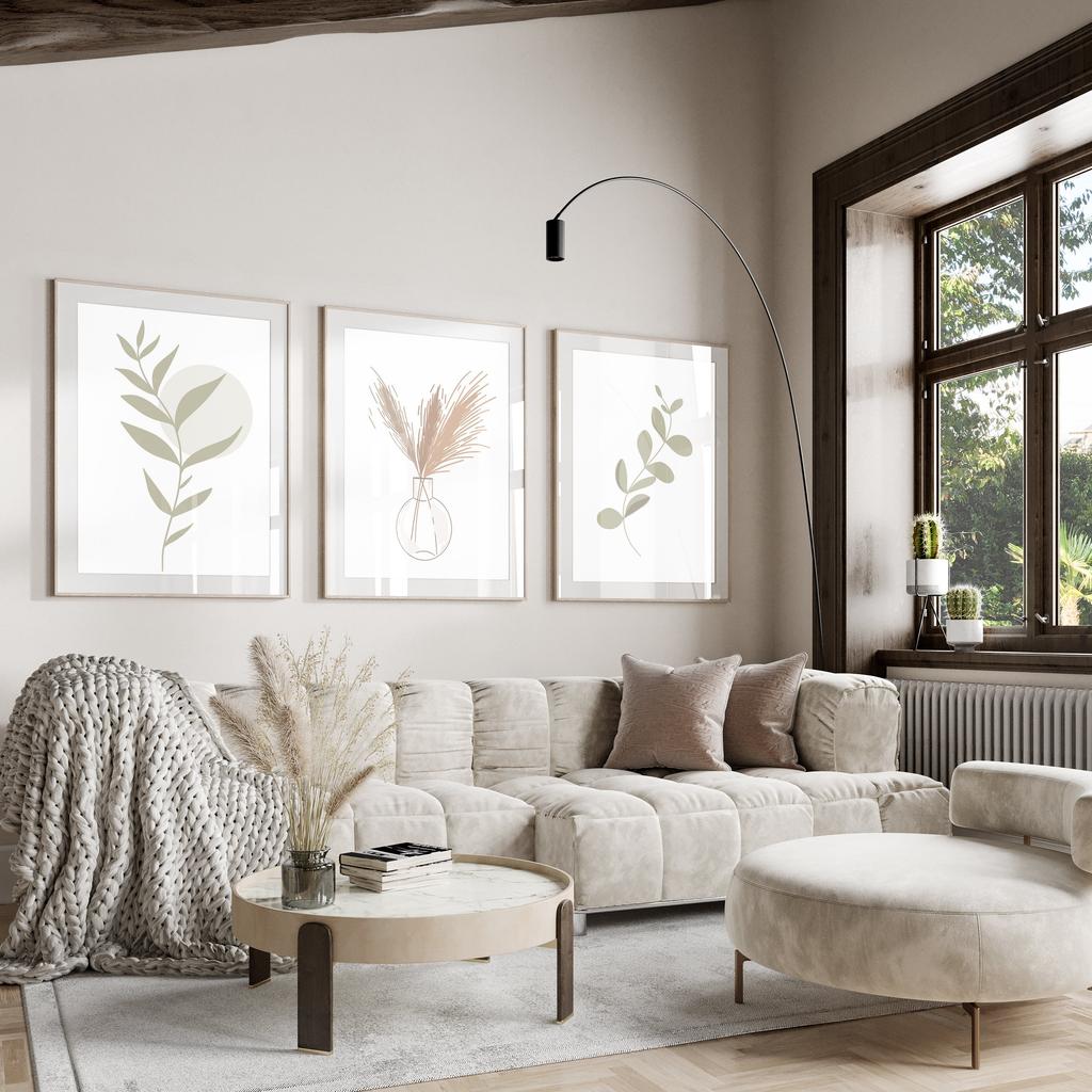 Boho Neutral Botanical Canvas Prints, Plants & Cream Pampas Grass, Sage Green Wall Art Posters for Bedroom Home Decor & Gifts