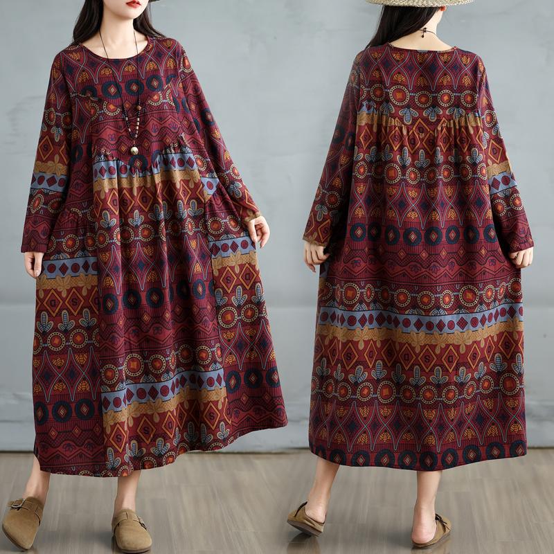 Dimanaf 2025 Women Plus Size Spring Long Dress Loose Basic Printing Vintage Casual Floral Oversize Long Sleeve Maxi