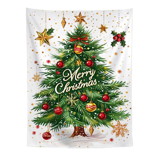 Festive Window Hanging Merry Christmas Tapestry, Wall Fabric Backdrop, Xmas Tree Winter Holiday Party Scene Decoration Art for Living Room,