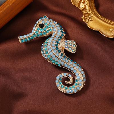 Yousheng Seahorse Brooch Retro Style Autumn Winter Rhinestones Pin Fine Craftsmanship Lapel Badge Coat Accessory Pin