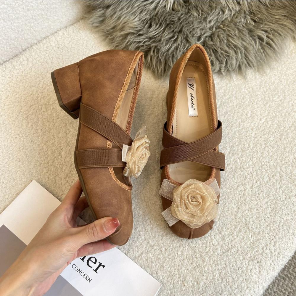 High Heeled Shoes for Women's 2025 Spring New French Cross Strap Ballet Pumps Retro Camellia Flower Mary Jane Shoes for Women