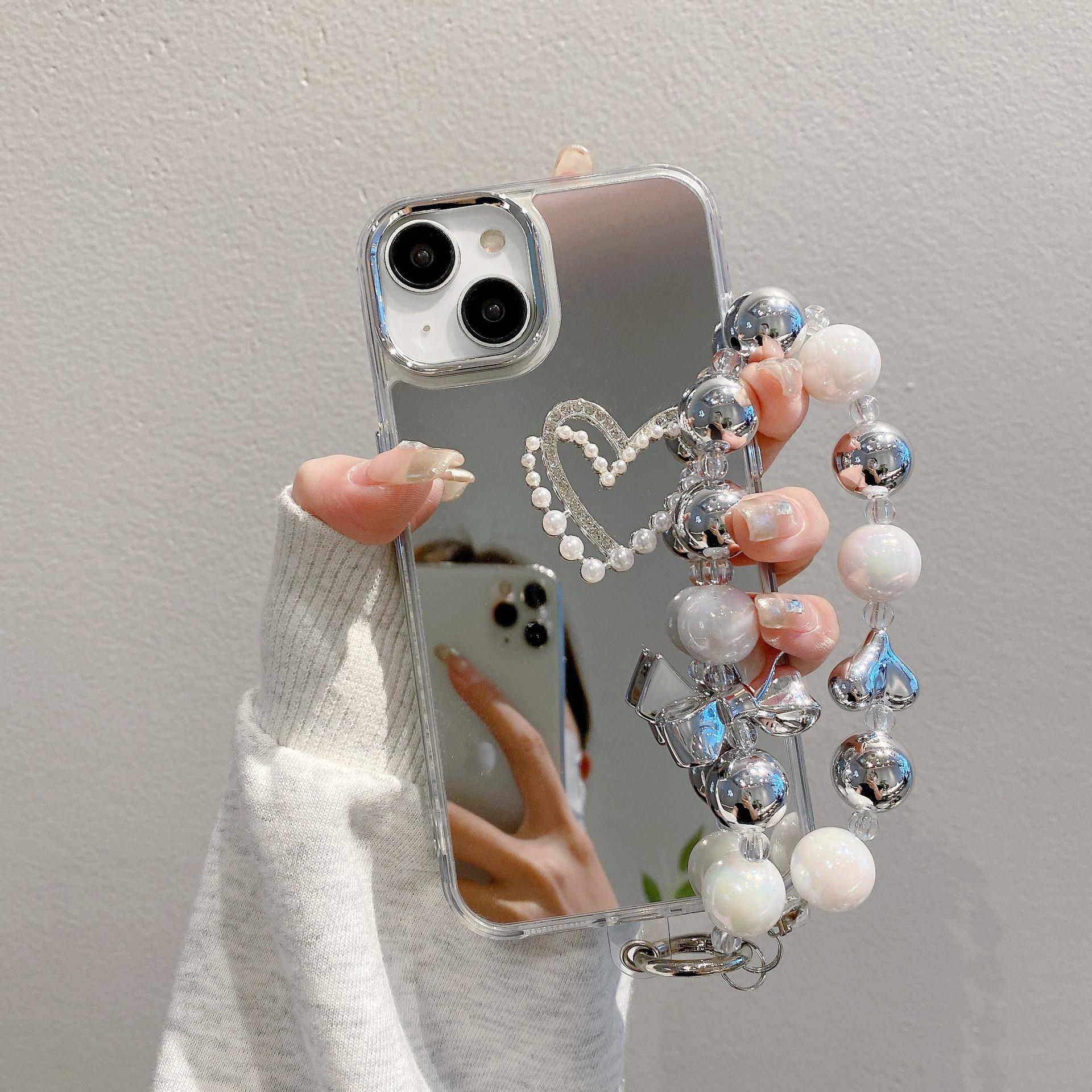 

Зеркальный чехол для телефона Apple 16PRO с серебристым бантом, чехол-браслет для iPhone 15/12, противоударный жесткий защитный чехол Apple 12PRO