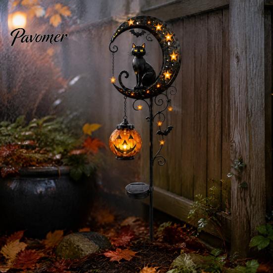 Fall Party Outdoor Lighting Halloween Solar Garden Stake Light, Metal Black Cat & Pumpkin Moon Waterproof Wireless Powered Yard Lights Decorations for