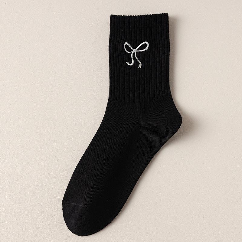 Solid Color Versatile Mid-calf Socks, Simple Long Socks for Autumn and Winter, Cute Bow Cotton Socks, Women's Socks for Spring and Autumn