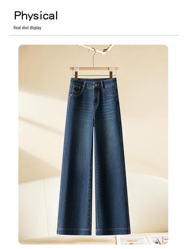 Autumn 2025 Women's Retro Blue High-Waist Wide-Leg Jeans, Slim Fit and Straight-Leg for Pear Shapes