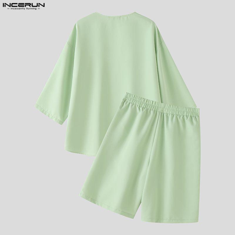 INCERUN Zweiteilige Sommer-Sets für Herren: V-Ausschnitt Kurzarm-Oberteile und Shorts, Oversized