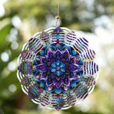 Mehrfarbige 2D-Mandala-Metall-Windspiel für Innen- und Außenbereich, Garten, Terrasse, Hängendes Ornament, Geschenk, Lila-Blaues Blumendesign
