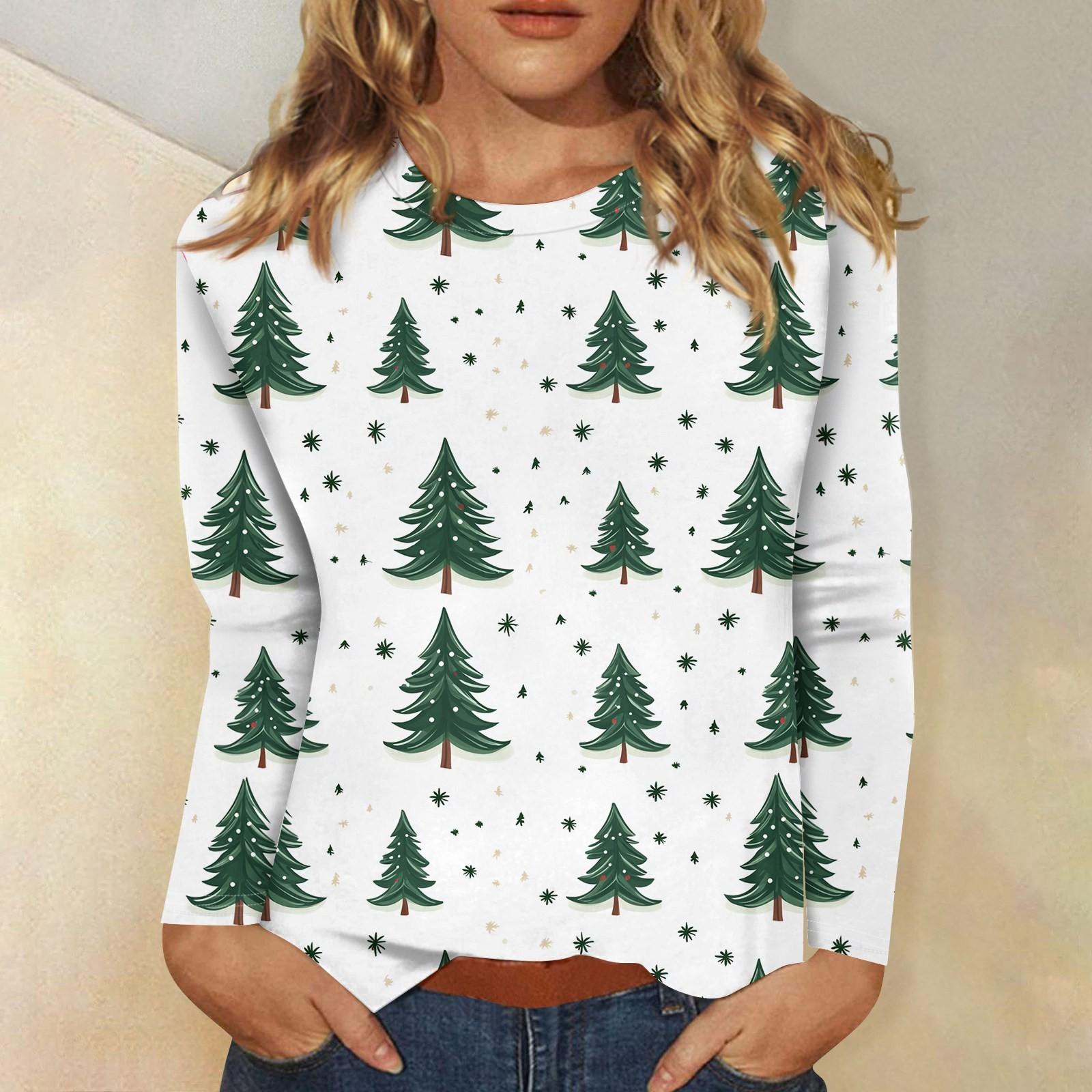 

Женская мода повседневная рождественская печать круглый вырез длинный рукав декоративная футболка топ S белый