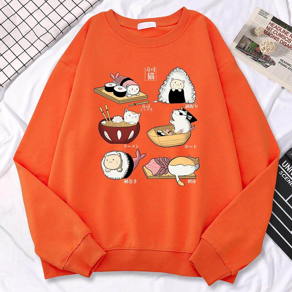 Simple Autumn Women Sweatshirt Sushi Cat'S Day Harajuku Printing Hoodies Crewneck  Pullover Warm Loose Female Streetwear