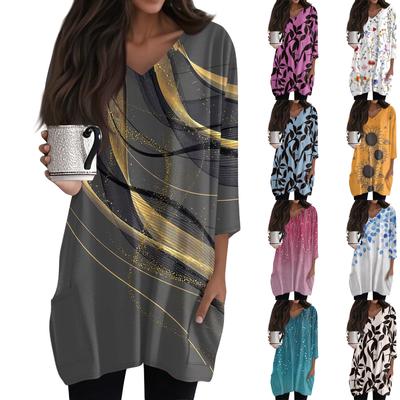 Women's Casual 3/4 Sleeve Shirts Fashion Print Tunic Tops With Pockets