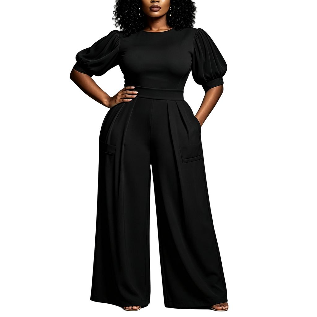Women's Plus Size Color Jumpsuit, High Waist Round Neck, Slim Fit Top with Loose Wide Leg, Casual Everyday Wear