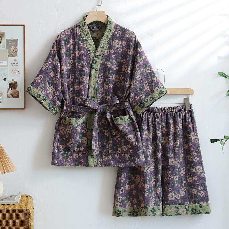 Cotton Double-layer Yarn Jacquard Sweat Steam Clothes Hotel Bathrobe Physiotherapy Clothes with Shorts Pajamas for Women