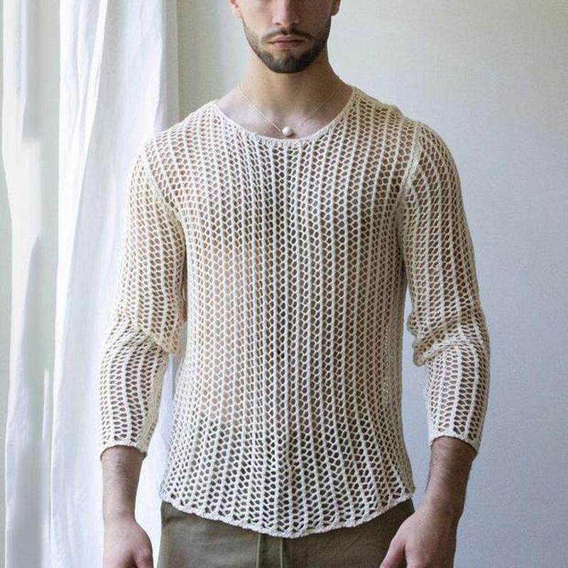 Mens Casual Solid Color Hollow Out Knit Long Sleeve T Shirt S белый