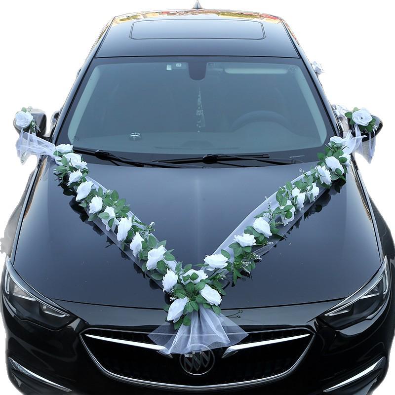 V-Shaped White Rose Wedding Car Decoration Set - Simulated Flowers for Car Hood & Veil Arrangement