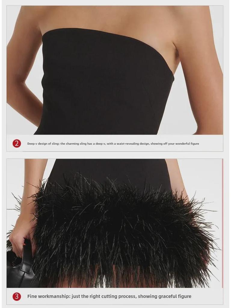 Summer Sexy Strapless Feather Trim Mini Dress
