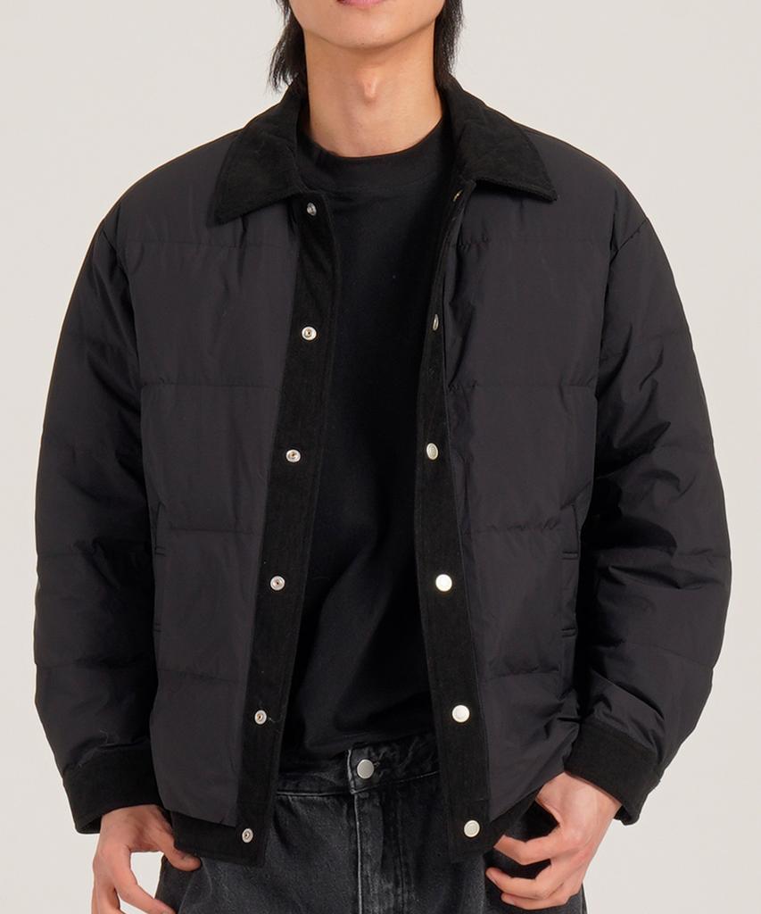 Button Seoul [Duck Down 80/20] Semi-Crop Corduroy Collar Padded Classic Jacket (Black)