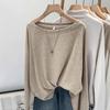 Women's Oatmeal Long-Sleeve Brushed Skin-Friendly Relaxed Fit Autumn T-Shirt