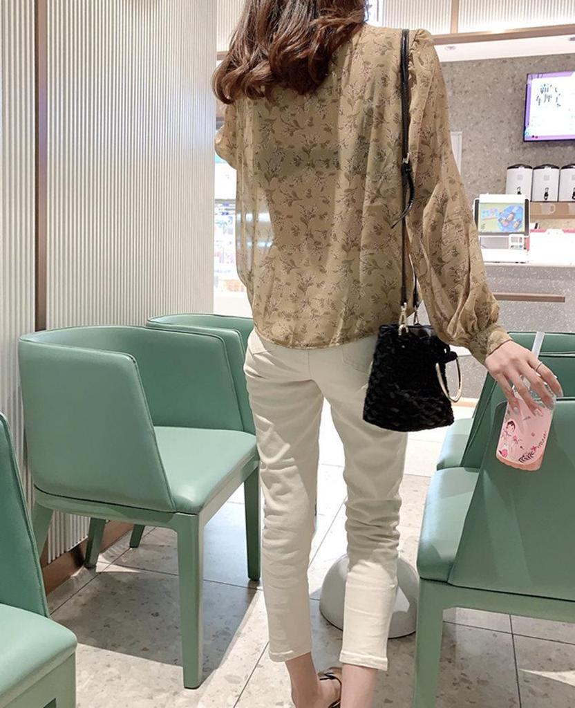 Spring/Autumn 2025 Korean Floral Chiffon Bubble Sleeve Blouse - Women's Long Sleeve Elegant Top