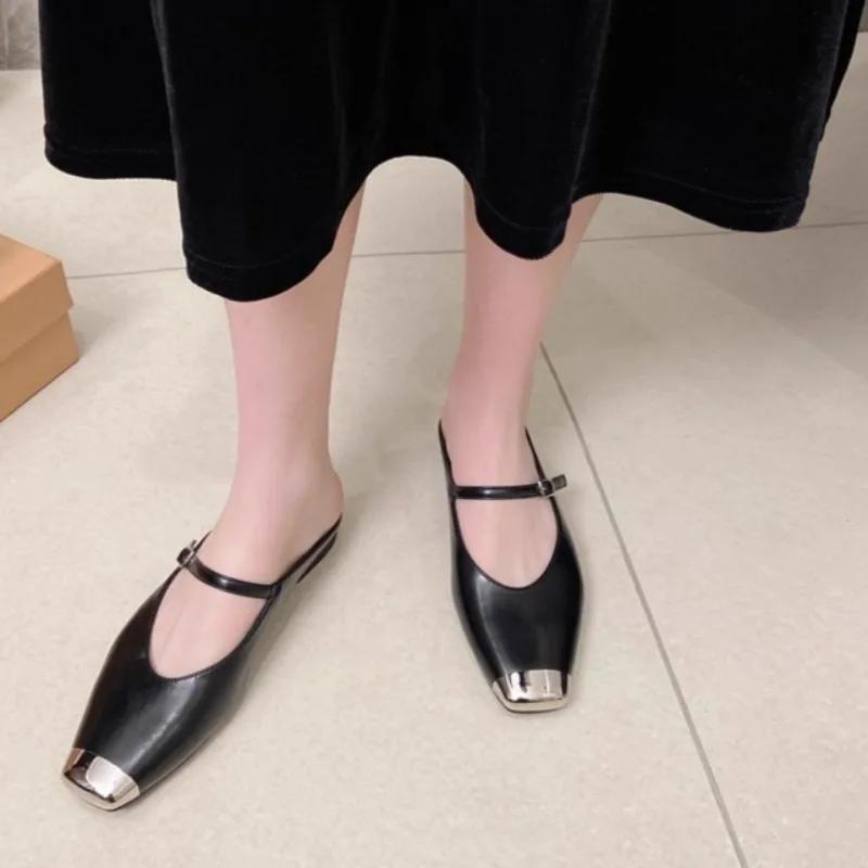 Metal Square-toe Low-heeled Slippers Autumn New Shallow-mouthed One-line Belt Soft-soled Non-slip Wrapped Shoes