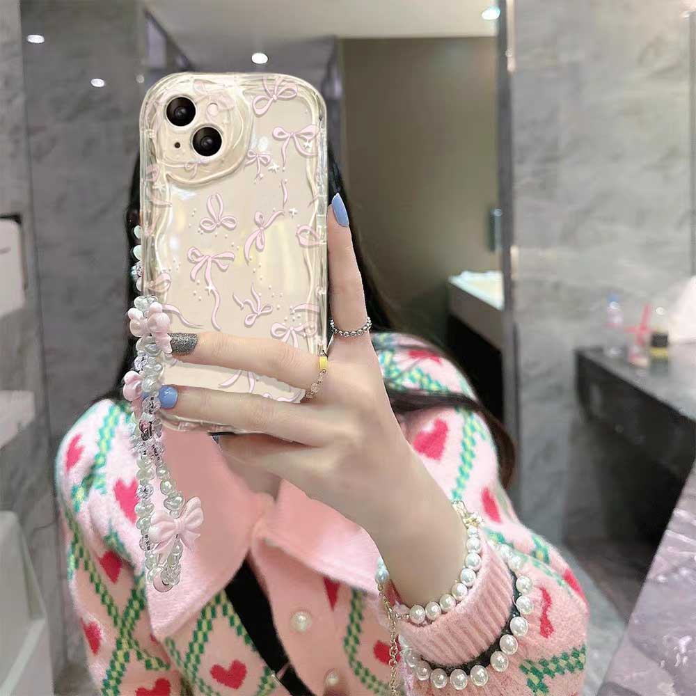 Case For Vivo V60 V40 V50 Lite Y31 5G Y33S Y21S Y28 4G Y17S Y04 Y03 Y29S Y28S Y18 Y400 Pink Bowknot Wrist Chain Cover