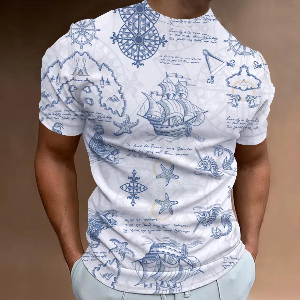 Ny T-skjorte 3D-trykket Nautisk Mønster Sommer Herre Klassisk Vintage T-skjorte Topp Herre Casual Oversized Rund Hals T-skjorte