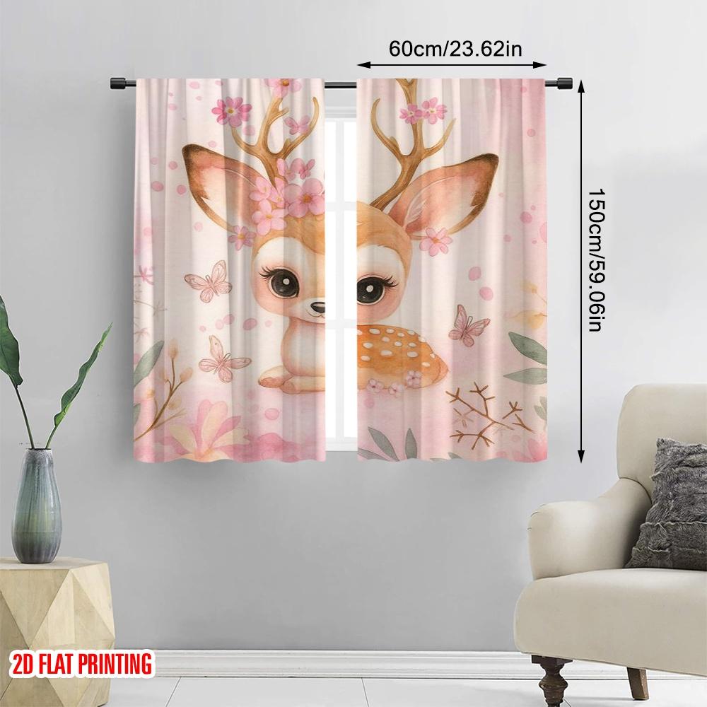 2pcs,2D Plane Printing Curtain Fabric FloralFawnWhimsy 100% Polyester (without Rod) Decorations For Home for Bedroom, Living