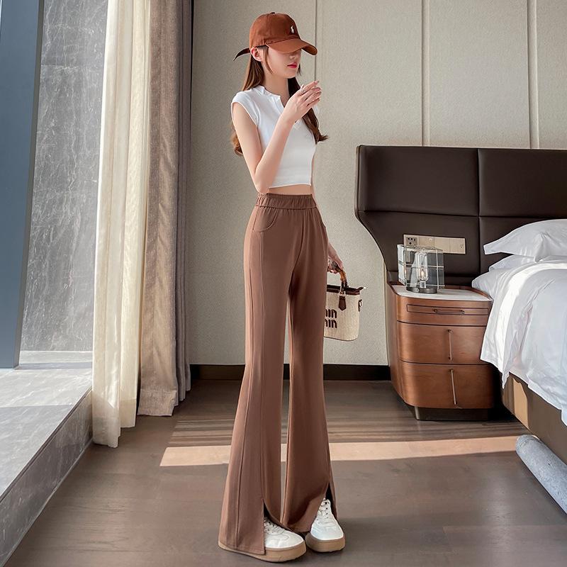 

Spring and Summer New Women s Ice Silk Cool Drape Slit Slightly Flared Pants Loose and Tight Waist Casual Nine-inch Pants for Petite Figures 4XL кофейный