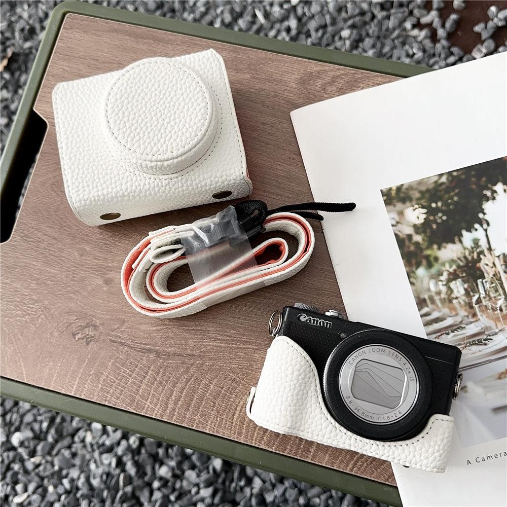 Luxuriöse PU-Leder Kameratasche für Canon PowerShot G7X Mark II III G7X2 G7X3 G7XII G7XIII Batterieöffnung Vollständige Abdeckung mit Riemen