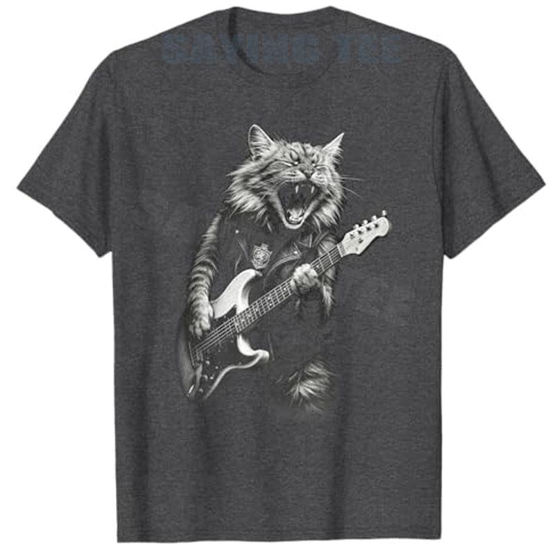Vintage Rock Cat Playing Guitar Aesthetic Clothes Funny Guitar Cat Unisex Women TShirt Y2k Kitty Hip Hop Punk Fun Graphic Tees