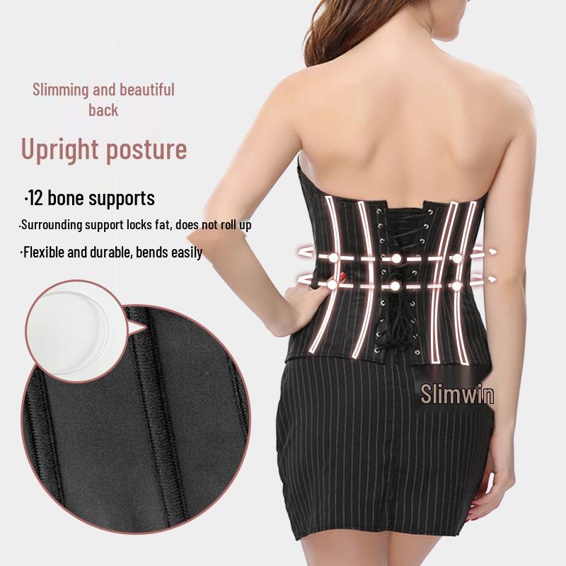 European & American Black Striped Corset Waist Slimming Shapewear with Zipper Bust Support - Tight-fitting Professional Suit.