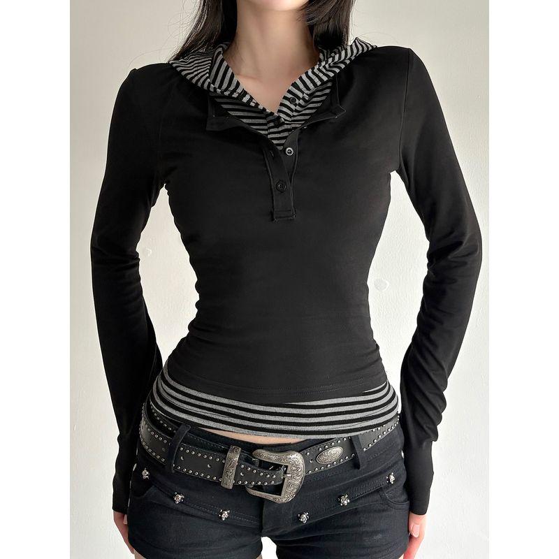 H's European and American Women's Clothing Retro Contrast Color Stripes Patchwork Fake Two-Piece Long Sleeves T-shirt Female Silm Slimming Hooded Tops