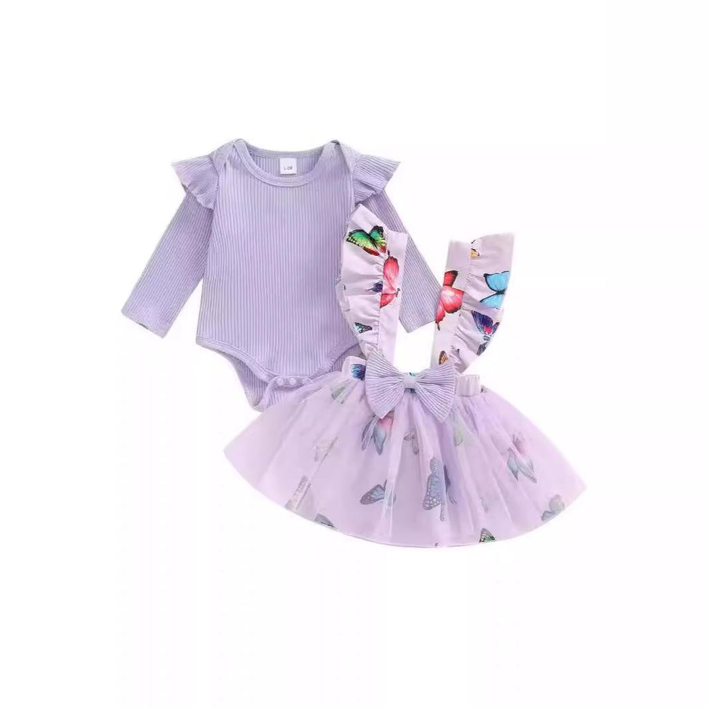 European & American Pastoral Style Infant Romper 3-Piece Set: Bow Floral Suspender Skirt