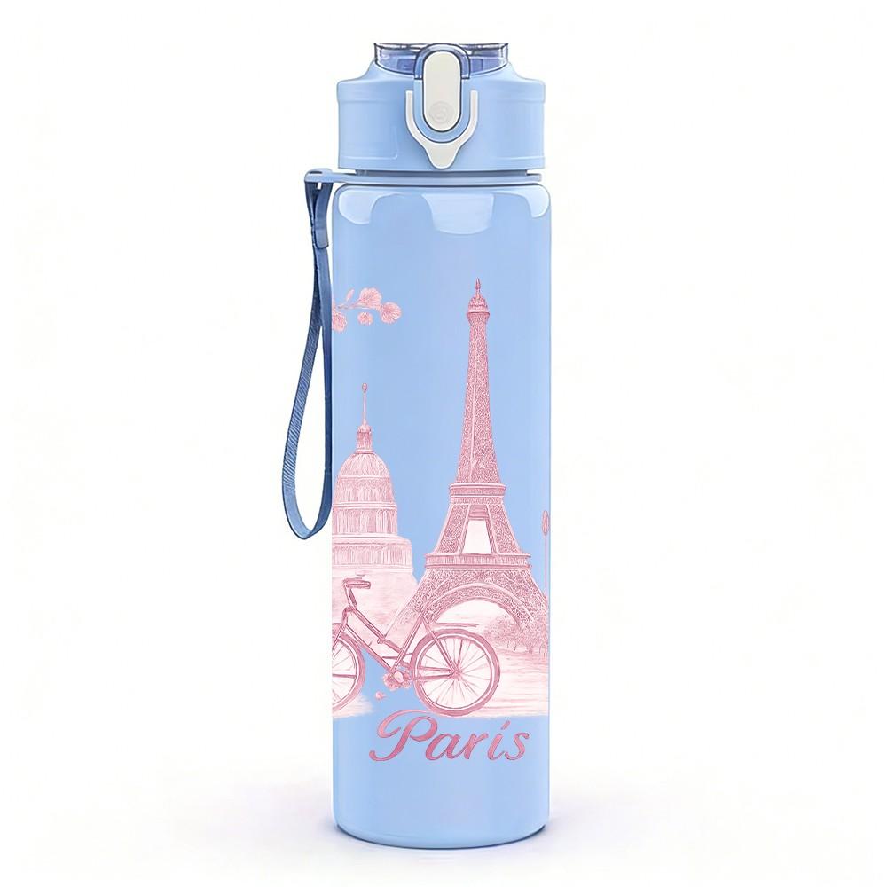 1PC Pink Eiffel Tower Bicycle 750ml Color Plastic Sports Water Bottle Leakproof Flip Straw Lid Suitable for Sports Office Home Use