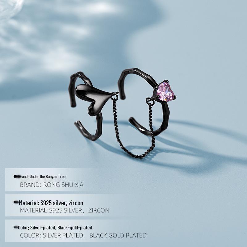 Banyan Tree S925 Silver Double Love Ring: Cold Style Open Index Finger & Chain Trend for Women