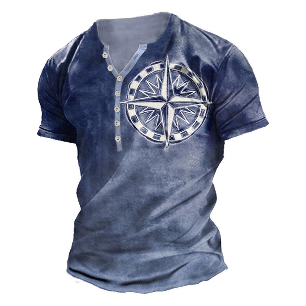 Men'S Printed T-Shirt Outdoor Retro Button Loose Short Sleeve Top