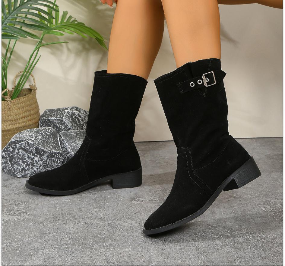 Modă Vânzări Fierbinți Cizme Noi pentru Femei Pantofi cu Toc Mic cu Vârf Rotund pentru Femei Pantofi cu Platformă Slip-on Cizme Moderne Pantofi Casual de Exterior până la Mijlocul Gambei