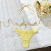 Women's Ribbed Triangle Bikini Set with Gold Chain Detail Halter Tie Side High Cut Cheeky Solid Color Summer Beach Swimwear