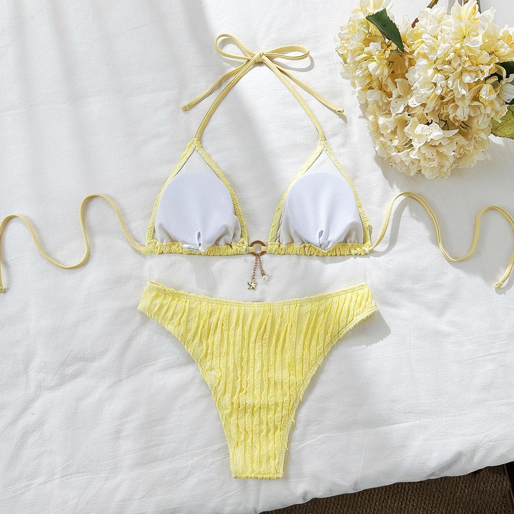 Women's Ribbed Triangle Bikini Set with Gold Chain Detail Halter Tie Side High Cut Cheeky Solid Color Summer Beach Swimwear