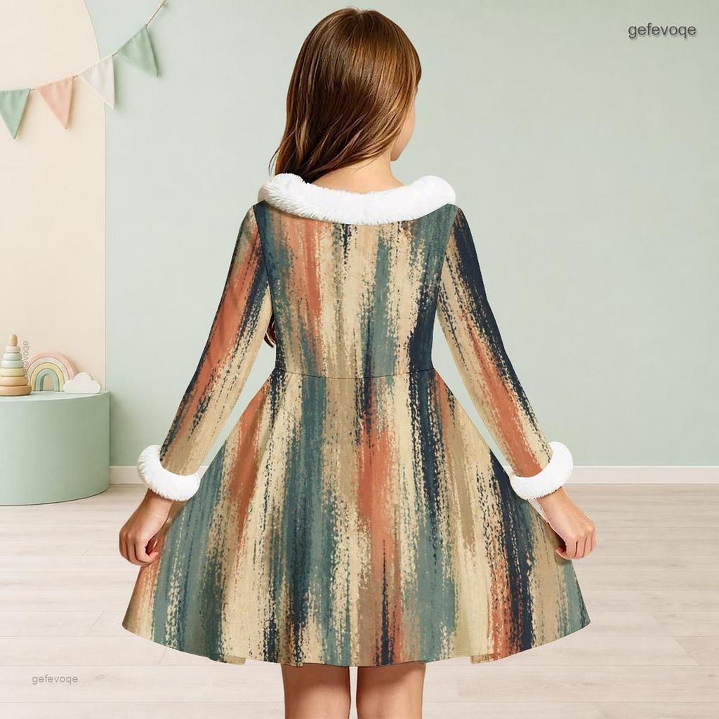 Girls Faux Fur Collar Long Sleeve Printed A Line Flared Dress With Bow