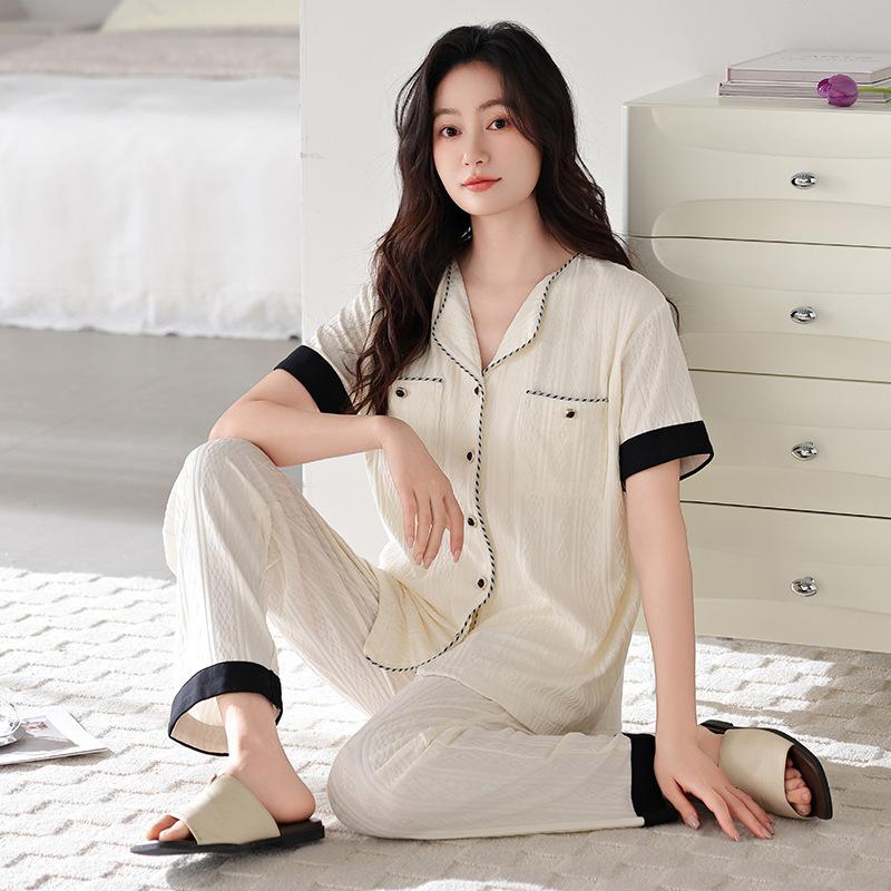 Pajamas women's summer cotton short-sleeved trousers thin summer 1011 new large-size summer cardigan loungewear