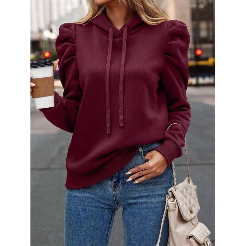 Women's 2024 Autumn/Winter Stacked Collar Hooded Solid Pullover Sweatshirt