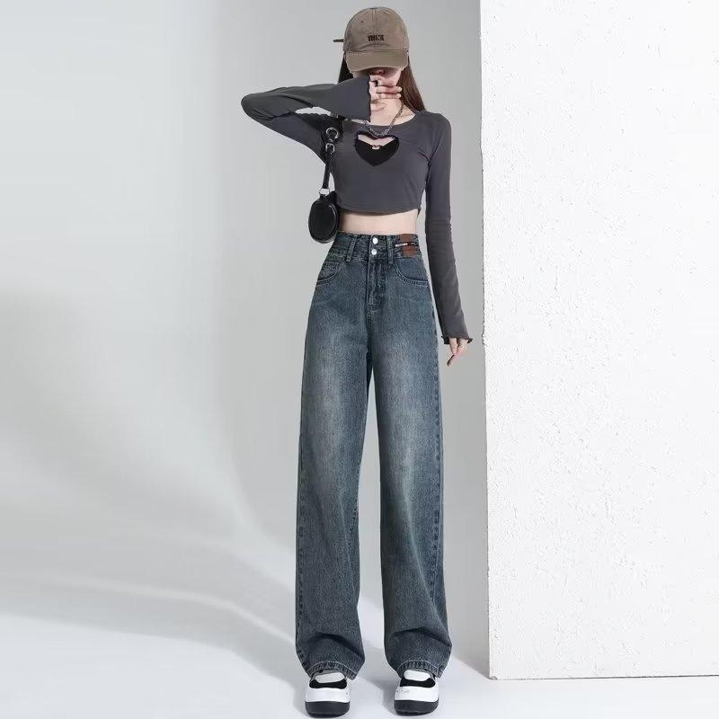 Nostalgic Retro Jeans Women's Spring Leather Brand Design Sense Ic Loose High Waist Straight Mopping Pants